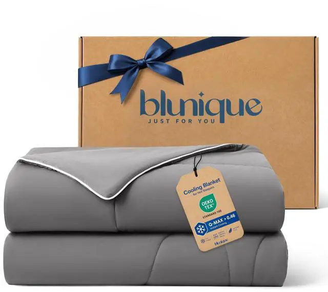 Main image of blunique Cooling Blanket Queen Size, Double-Sided Cooling Comforter for Hot Sleepers, Instant Cool Touch, Lightweight Breathable for Night Sweats, Soft Summer All Season Comforter(90''*90'',Grey)