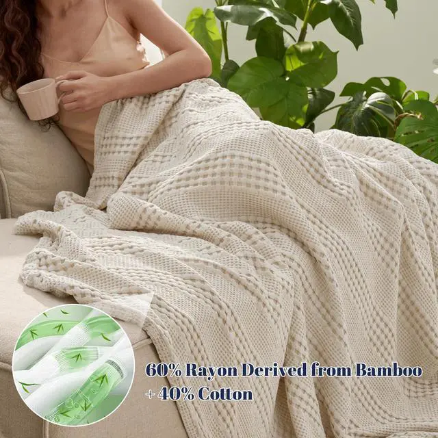 Alt view image 2 of 7 - PHF Cooling Waffle Blanket King Size, Lightweight 60% Rayon from Bamboo & 40% Cotton Breathable Blanket for Hot Sleepers, Summer Use, Soft Luxury for Bed Couch Sofa, 104"x90", Linen
