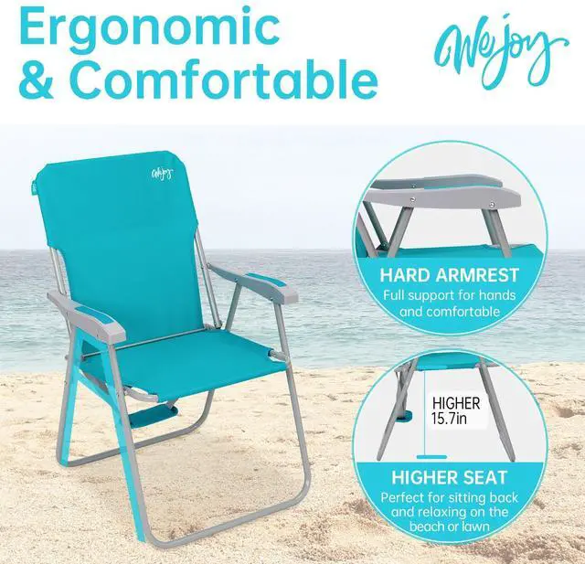 Alt view image 5 of 7 - #WEJOY Folding Beach Chair for Adults, Lightweight Beach Chair with Shoulder Straps, High Back Camping Chairs with Hard Armrest, Supports 300lbs for Outdoor Lawn Concert (Cyan)