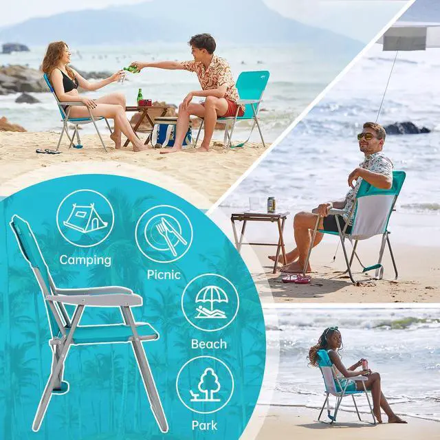 Alt view image 3 of 7 - #WEJOY Folding Beach Chair for Adults, Lightweight Beach Chair with Shoulder Straps, High Back Camping Chairs with Hard Armrest, Supports 300lbs for Outdoor Lawn Concert (Cyan)