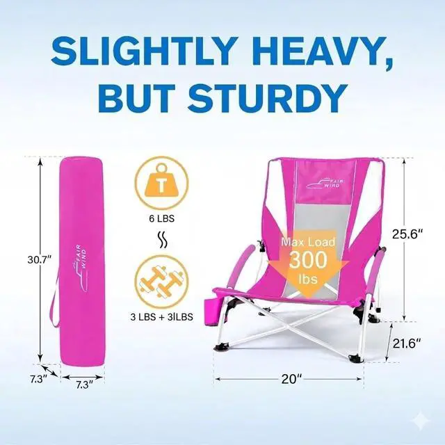Alt view image 4 of 6 - FAIR WIND Portable Beach Chair with Umbrella for Adults, Backpack Folding Arm Chair for Coastal Vacations, Picnics, and Concerts - Supports 300 LBS, Pink