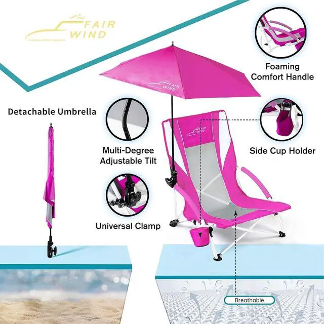 Alt view image 5 of 6 - FAIR WIND Portable Beach Chair with Umbrella for Adults, Backpack Folding Arm Chair for Coastal Vacations, Picnics, and Concerts - Supports 300 LBS, Pink