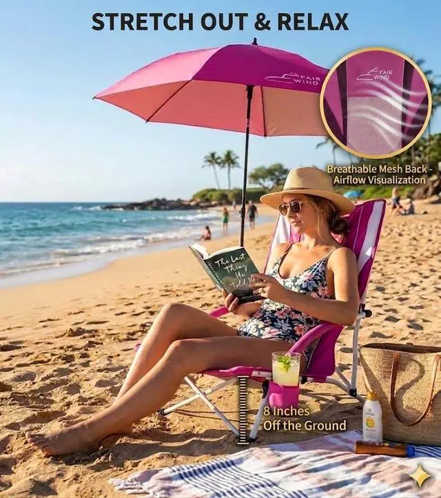 Alt view image 3 of 6 - FAIR WIND Portable Beach Chair with Umbrella for Adults, Backpack Folding Arm Chair for Coastal Vacations, Picnics, and Concerts - Supports 300 LBS, Pink