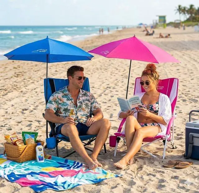 Alt view image 2 of 6 - FAIR WIND Portable Beach Chair with Umbrella for Adults, Backpack Folding Arm Chair for Coastal Vacations, Picnics, and Concerts - Supports 300 LBS, Pink