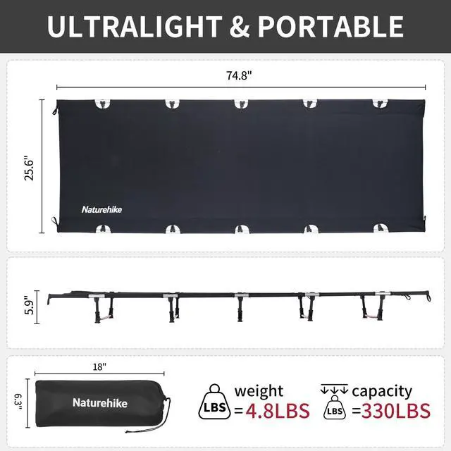 Alt view image 2 of 3 - Naturehike GreenWild Camping Cot, Ultralight Folding Backpacking Cot, Supports 330lbs, Portable Camping Bed for Adults for Camping Hiking Travel Home, Black