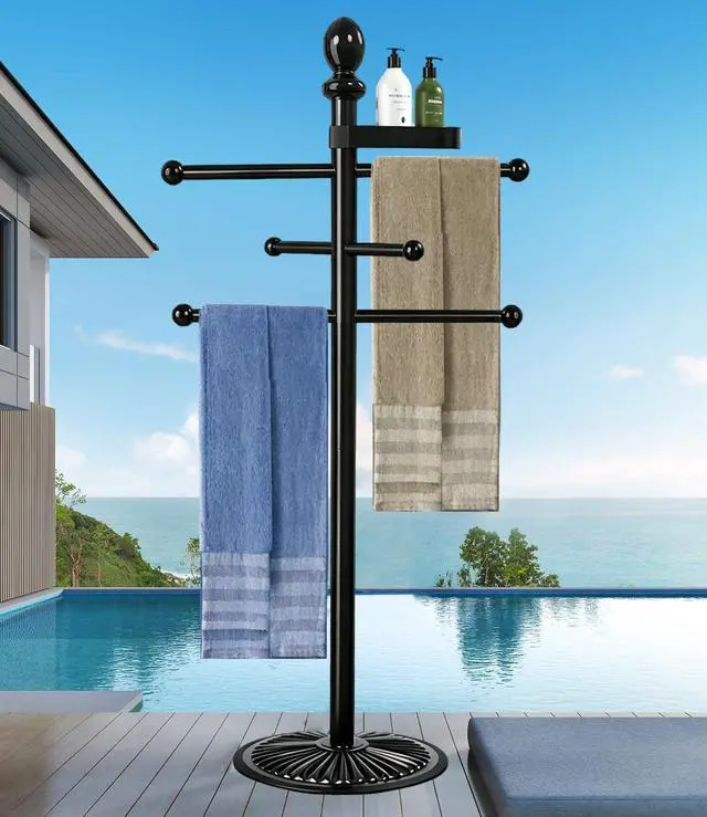 Main image of Pool Outdoor Towel Rack, 6 Bars with Top Tray Metal Heavy Duty Pool Accessories with Heavy Metal Base, Hot Tub Accessories Towel Dying Rack Towel Stand for Pool, Hot Tub etc