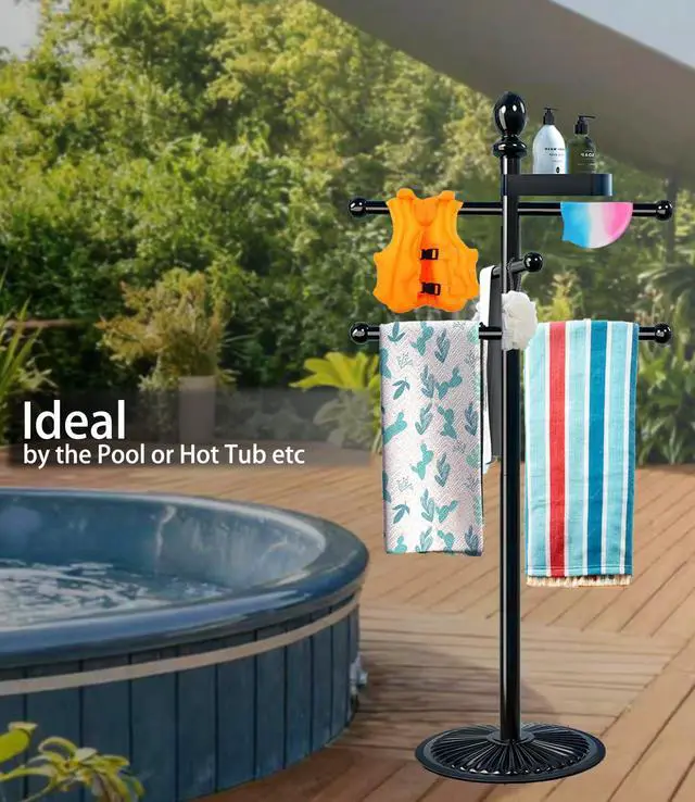 Alt view image 3 of 3 - Pool Outdoor Towel Rack, 6 Bars with Top Tray Metal Heavy Duty Pool Accessories with Heavy Metal Base, Hot Tub Accessories Towel Dying Rack Towel Stand for Pool, Hot Tub etc