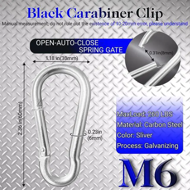 Alt view image 2 of 7 - 200 Pack 2.36" Heavy Duty Snap Hook Carabiners - M6 Galvanized Steel Quick Links for Keys, Hammocks, Swings, Outdoor Gear - Camping, Hiking, Fishing (Sliver)