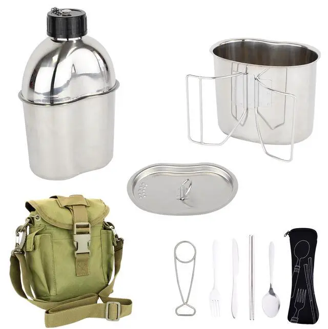 Main image of MASTIFF GEARS® 304 (18/8) Stainless Steel (FDA Compliant) US G.I Style Canteen Kit Cooking Set Camping Canteen Mess Kit with Cup, Lid, MOLLE Pouch for Camping (Army Green)