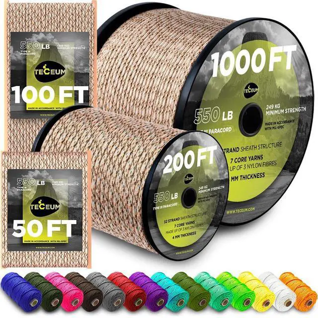 Main image of TECEUM Paracord Type III 550 Desert Camo 1000 ft 4mm Tactical Rope MIL-SPEC Outdoor para Cord Camping Hiking Fishing Gear and Equipment EDC Parachute Cord Strong Survival Rope