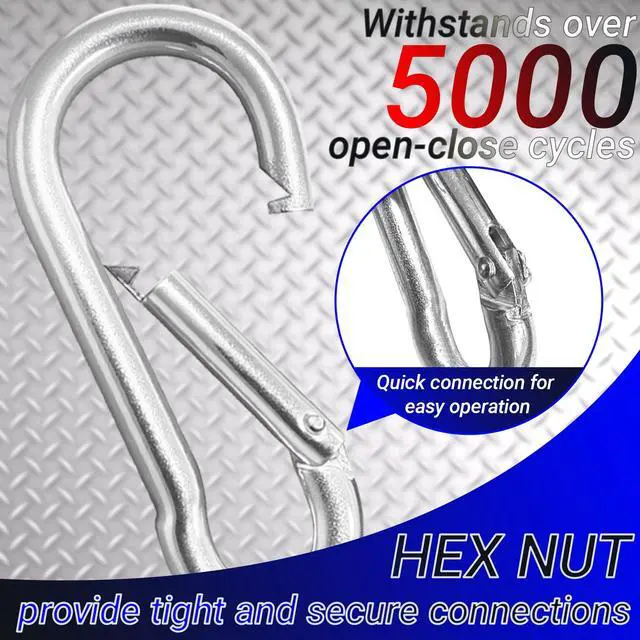 Alt view image 3 of 7 - 200 Pack 2.36" Heavy Duty Snap Hook Carabiners - M6 Galvanized Steel Quick Links for Keys, Hammocks, Swings, Outdoor Gear - Camping, Hiking, Fishing (Sliver)