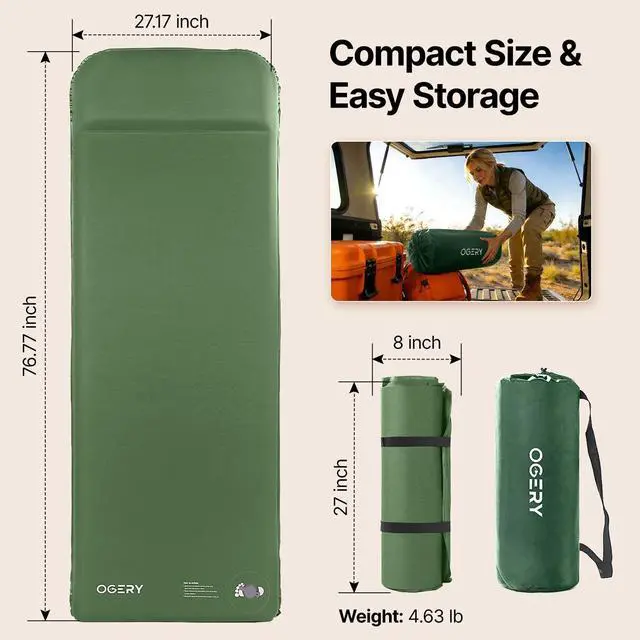 Alt view image 6 of 7 - OGERY Self-Inflating Sleeping Pad with Built-in Foot Pump, 3" Memory Camping Mattress Pad, Quiet & 9.5 R-Value Insulated Sleeping Mat Camping Essential Gear for Car Tent Camping