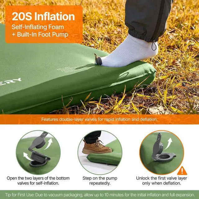 Alt view image 2 of 7 - OGERY Self-Inflating Sleeping Pad with Built-in Foot Pump, 3" Memory Camping Mattress Pad, Quiet & 9.5 R-Value Insulated Sleeping Mat Camping Essential Gear for Car Tent Camping