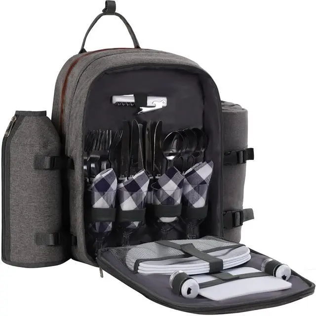 Main image of ALLCAMP OUTDOOR GEAR Picnic Backpack for 4 Person W/ Detachable Wine Holder, Insulated Food Compartment and Picnic Cutlery for Family Outdoor Camping and Gift (Grey)