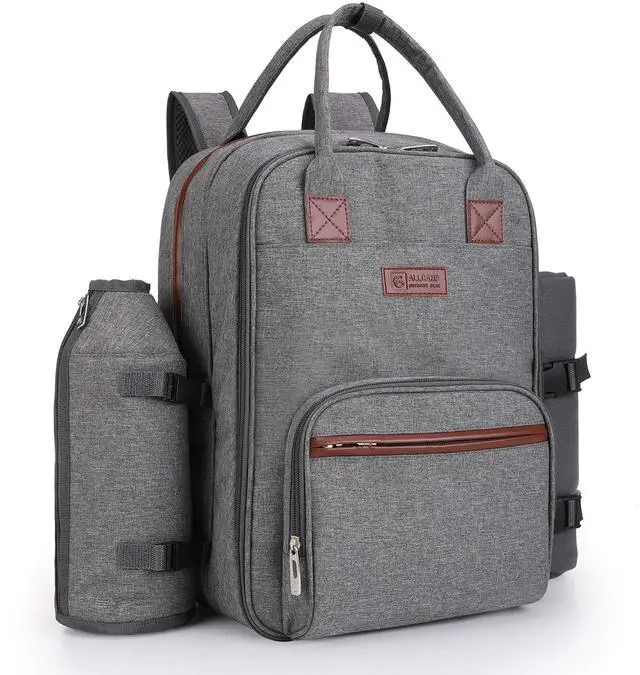 Alt view image 2 of 6 - ALLCAMP OUTDOOR GEAR Picnic Backpack for 4 Person W/ Detachable Wine Holder, Insulated Food Compartment and Picnic Cutlery for Family Outdoor Camping and Gift (Grey)