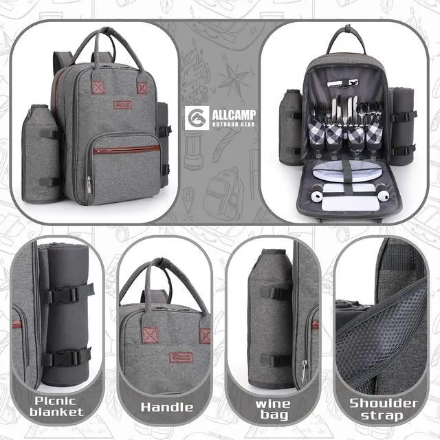 Alt view image 5 of 6 - ALLCAMP OUTDOOR GEAR Picnic Backpack for 4 Person W/ Detachable Wine Holder, Insulated Food Compartment and Picnic Cutlery for Family Outdoor Camping and Gift (Grey)