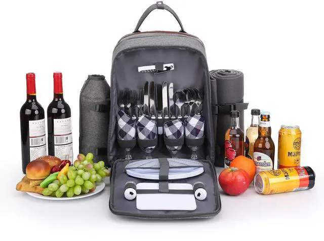 Alt view image 3 of 6 - ALLCAMP OUTDOOR GEAR Picnic Backpack for 4 Person W/ Detachable Wine Holder, Insulated Food Compartment and Picnic Cutlery for Family Outdoor Camping and Gift (Grey)