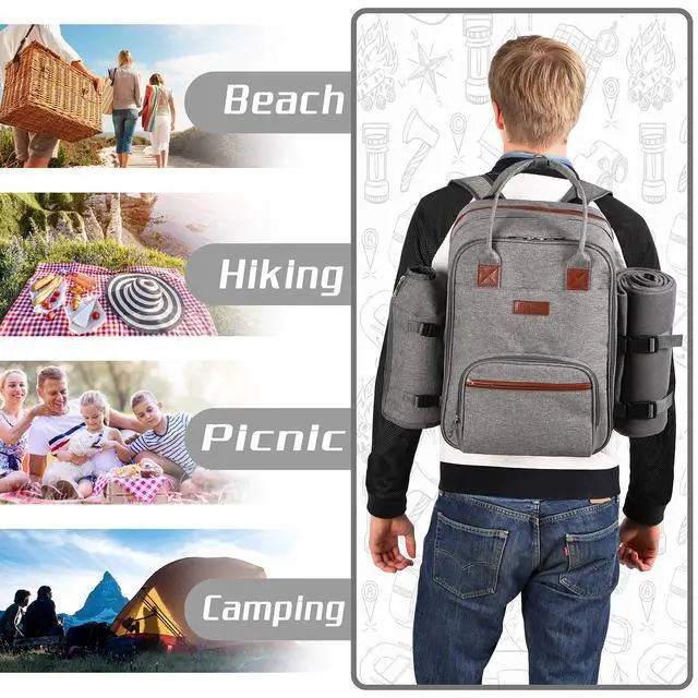 Alt view image 6 of 6 - ALLCAMP OUTDOOR GEAR Picnic Backpack for 4 Person W/ Detachable Wine Holder, Insulated Food Compartment and Picnic Cutlery for Family Outdoor Camping and Gift (Grey)