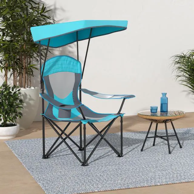 Alt view image 2 of 7 - ALPHA CAMP Heavy Duty Canopy Camping Chair, 350 lbs Capacity Oversized Folding Chair with Adjustable Sunshade, Portable Sunshade Chair with Cup Holder for Beach, Fishing, Outdoor, Enamel Blue