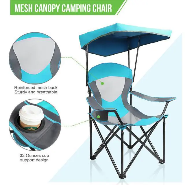 Alt view image 3 of 7 - ALPHA CAMP Heavy Duty Canopy Camping Chair, 350 lbs Capacity Oversized Folding Chair with Adjustable Sunshade, Portable Sunshade Chair with Cup Holder for Beach, Fishing, Outdoor, Enamel Blue