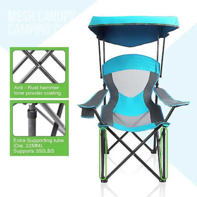 Alt view image 4 of 7 - ALPHA CAMP Heavy Duty Canopy Camping Chair, 350 lbs Capacity Oversized Folding Chair with Adjustable Sunshade, Portable Sunshade Chair with Cup Holder for Beach, Fishing, Outdoor, Enamel Blue