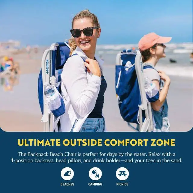 Alt view image 3 of 7 - GCI Outdoor Backpack Beach Chair | Reclining Folding Chair with Durable Armrests, Drink Holder & Carry Straps, Perfect for Beach Trips & Picnics Nautical Blue