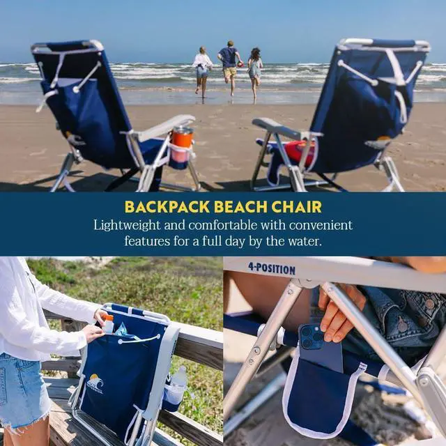 Alt view image 6 of 7 - GCI Outdoor Backpack Beach Chair | Reclining Folding Chair with Durable Armrests, Drink Holder & Carry Straps, Perfect for Beach Trips & Picnics Nautical Blue