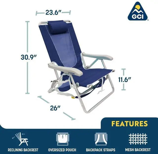 Alt view image 4 of 7 - GCI Outdoor Backpack Beach Chair | Reclining Folding Chair with Durable Armrests, Drink Holder & Carry Straps, Perfect for Beach Trips & Picnics Nautical Blue