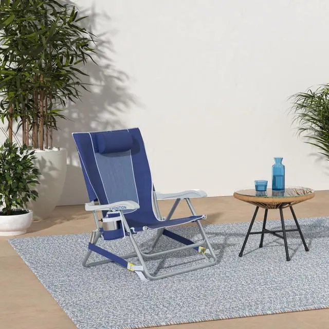 Alt view image 2 of 7 - GCI Outdoor Backpack Beach Chair | Reclining Folding Chair with Durable Armrests, Drink Holder & Carry Straps, Perfect for Beach Trips & Picnics Nautical Blue