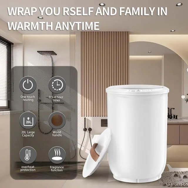 Alt view image 3 of 7 - FLYHIT Large Towel Warmer for Bathroom - Heated Towel Warmers Bucket, Wood Handle, Auto Shut Off, Fits Up to Two 40"X70" Oversized Towels, Bathrobes, Blankets, for Mother's Gifts, White