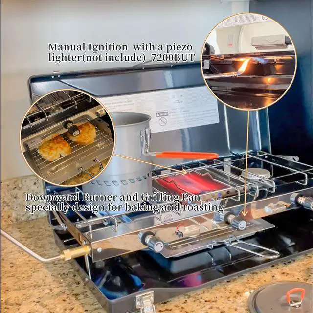 Alt view image 2 of 7 - FineFlame Camping Stove, Propane Portable Camp Stove with Regulator, Push-Button Instant Ignition, Adjustable Burners & Wind Guards for Car BBQ Picnics Outdoor Camping Cooking (20400 BTUs-3 Burners)