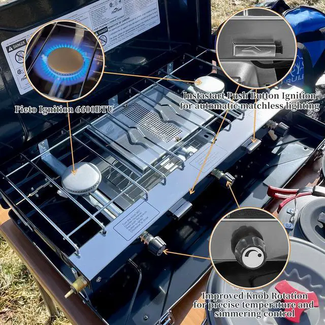 Alt view image 3 of 7 - FineFlame Camping Stove, Propane Portable Camp Stove with Regulator, Push-Button Instant Ignition, Adjustable Burners & Wind Guards for Car BBQ Picnics Outdoor Camping Cooking (20400 BTUs-3 Burners)