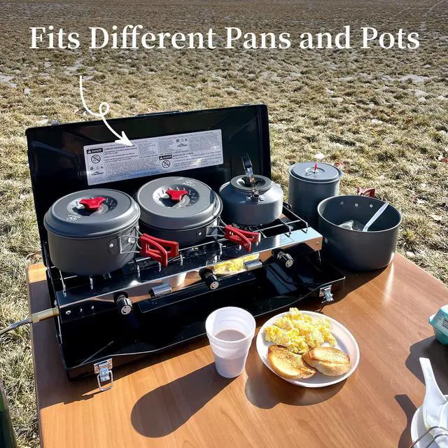 Alt view image 6 of 7 - FineFlame Camping Stove, Propane Portable Camp Stove with Regulator, Push-Button Instant Ignition, Adjustable Burners & Wind Guards for Car BBQ Picnics Outdoor Camping Cooking (20400 BTUs-3 Burners)
