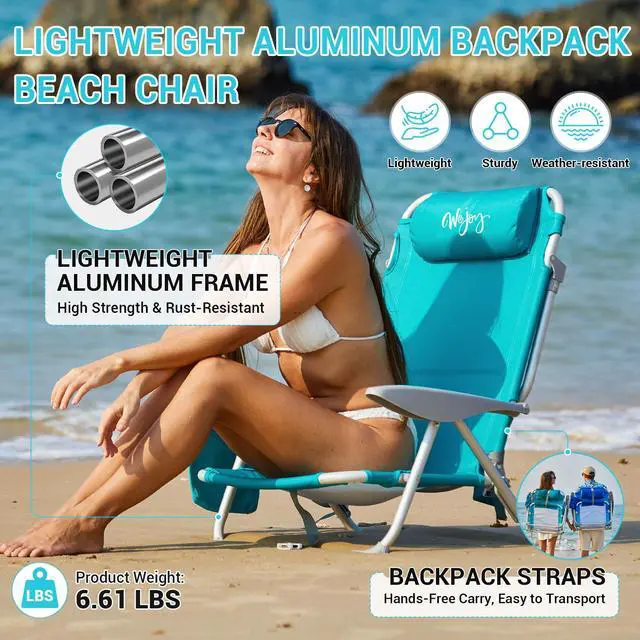 Alt view image 4 of 7 - #WEJOY Beach Chair for Adults, Reclining Adjustable Position, Lay Flat Lightweight Folding Portable Aluminum Chair with Backpack Straps,Padded headrest, Heavy Duty 400 lbs Lawn Chair for Beach, Sand