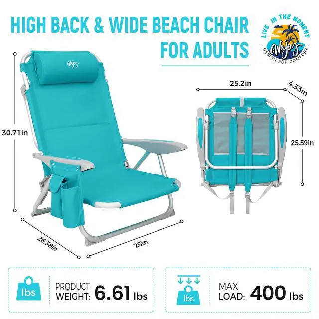 Alt view image 3 of 7 - #WEJOY Beach Chair for Adults, Reclining Adjustable Position, Lay Flat Lightweight Folding Portable Aluminum Chair with Backpack Straps,Padded headrest, Heavy Duty 400 lbs Lawn Chair for Beach, Sand