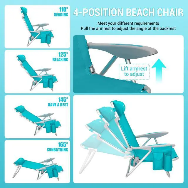 Alt view image 5 of 7 - #WEJOY Beach Chair for Adults, Reclining Adjustable Position, Lay Flat Lightweight Folding Portable Aluminum Chair with Backpack Straps,Padded headrest, Heavy Duty 400 lbs Lawn Chair for Beach, Sand