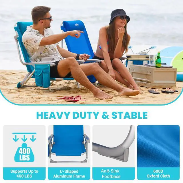 Alt view image 6 of 7 - #WEJOY Beach Chair for Adults, Reclining Adjustable Position, Lay Flat Lightweight Folding Portable Aluminum Chair with Backpack Straps,Padded headrest, Heavy Duty 400 lbs Lawn Chair for Beach, Sand