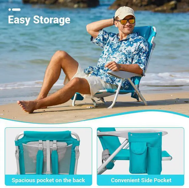 Alt view image 7 of 7 - #WEJOY Beach Chair for Adults, Reclining Adjustable Position, Lay Flat Lightweight Folding Portable Aluminum Chair with Backpack Straps,Padded headrest, Heavy Duty 400 lbs Lawn Chair for Beach, Sand