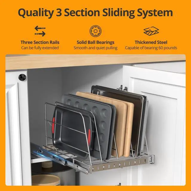 Alt view image 2 of 7 - Pull Out Cabinet Organizer for Cutting Board, Cookie Sheet, Baking Sheet, Stainless Steel Sliding Rack for Bakeware & Trays, Heavy-Duty Cutting Board Organizer (12.9 x 16.5 (32.6 x 41.8 cm))