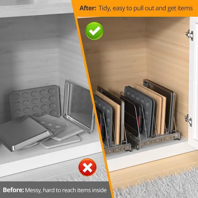 Alt view image 3 of 7 - Pull Out Cabinet Organizer for Cutting Board, Cookie Sheet, Baking Sheet, Stainless Steel Sliding Rack for Bakeware & Trays, Heavy-Duty Cutting Board Organizer (12.9 x 16.5 (32.6 x 41.8 cm))