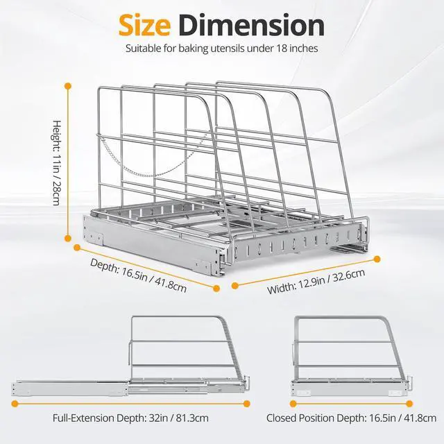 Alt view image 4 of 7 - Pull Out Cabinet Organizer for Cutting Board, Cookie Sheet, Baking Sheet, Stainless Steel Sliding Rack for Bakeware & Trays, Heavy-Duty Cutting Board Organizer (12.9 x 16.5 (32.6 x 41.8 cm))