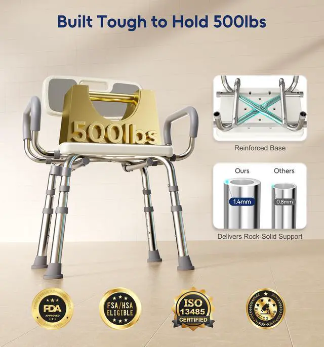 Alt view image 2 of 7 - Bluelog Shower Chair for Inside Shower with Arms and Back, 500lbs Capacity Height Adjustable Shower Seat with Thickened Frame for Seniors, Elderly and Disabled