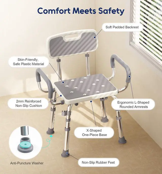 Alt view image 5 of 7 - Bluelog Shower Chair for Inside Shower with Arms and Back, 500lbs Capacity Height Adjustable Shower Seat with Thickened Frame for Seniors, Elderly and Disabled