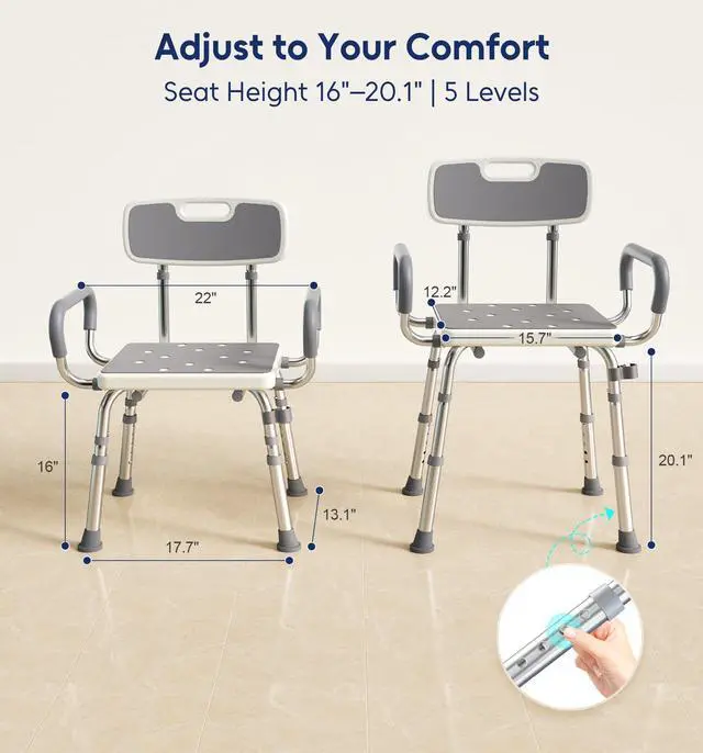 Alt view image 7 of 7 - Bluelog Shower Chair for Inside Shower with Arms and Back, 500lbs Capacity Height Adjustable Shower Seat with Thickened Frame for Seniors, Elderly and Disabled