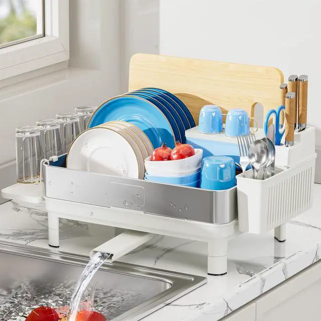 Main image of Ewaiira Dish Drying Rack, 304 Stainless Steel Dish Racks for Kitchen Counter, Dish Drainers with Automatic Drainage, Utensil Holder & Cups Holder, Space Saving Kitchen Organizer, White