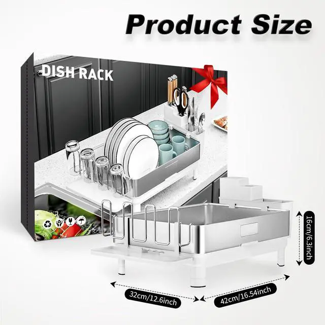 Alt view image 3 of 7 - Ewaiira Dish Drying Rack, 304 Stainless Steel Dish Racks for Kitchen Counter, Dish Drainers with Automatic Drainage, Utensil Holder & Cups Holder, Space Saving Kitchen Organizer, White