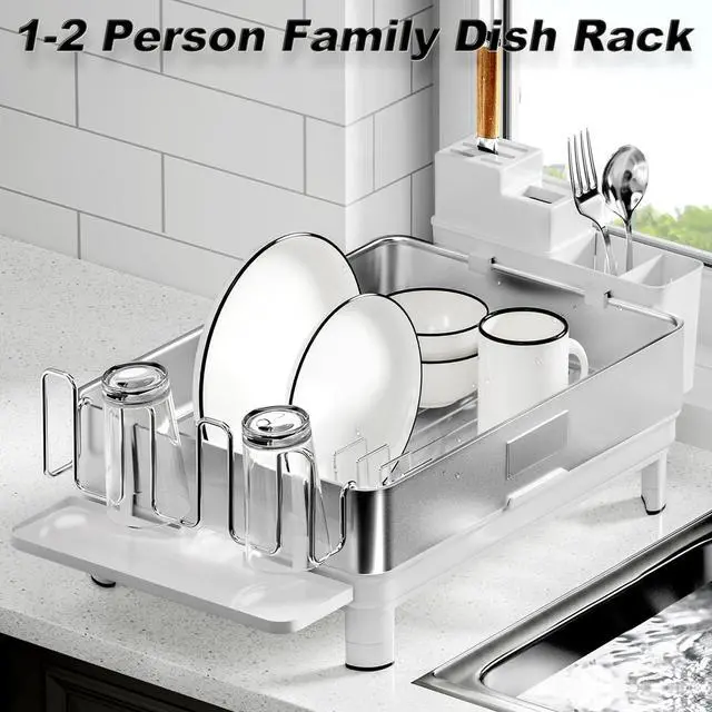 Alt view image 2 of 7 - Ewaiira Dish Drying Rack, 304 Stainless Steel Dish Racks for Kitchen Counter, Dish Drainers with Automatic Drainage, Utensil Holder & Cups Holder, Space Saving Kitchen Organizer, White