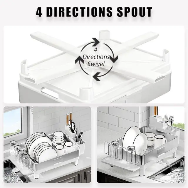 Alt view image 4 of 7 - Ewaiira Dish Drying Rack, 304 Stainless Steel Dish Racks for Kitchen Counter, Dish Drainers with Automatic Drainage, Utensil Holder & Cups Holder, Space Saving Kitchen Organizer, White