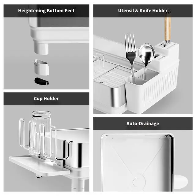 Alt view image 7 of 7 - Ewaiira Dish Drying Rack, 304 Stainless Steel Dish Racks for Kitchen Counter, Dish Drainers with Automatic Drainage, Utensil Holder & Cups Holder, Space Saving Kitchen Organizer, White