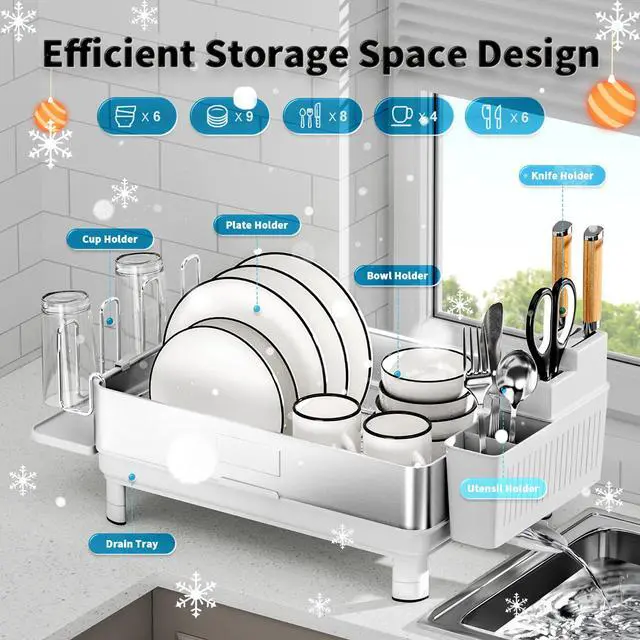Alt view image 6 of 7 - Ewaiira Dish Drying Rack, 304 Stainless Steel Dish Racks for Kitchen Counter, Dish Drainers with Automatic Drainage, Utensil Holder & Cups Holder, Space Saving Kitchen Organizer, White